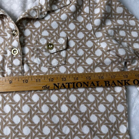 Talbots Womens Beige & White Geometric Print Polo Shirt With 3/4 Sleeves Sz M - Picture 3 of 9